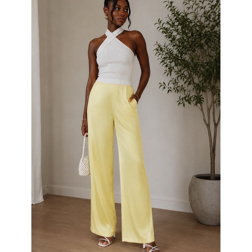 Handmade Butter Yellow Satin Palazzo Pants Wide Leg High Rise Cottagecore Size 2